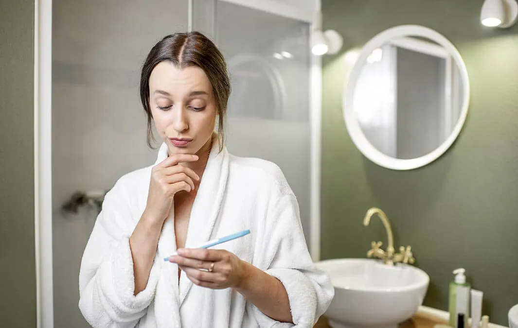 Ženska v kopalnem plašču gleda test nosečnosti